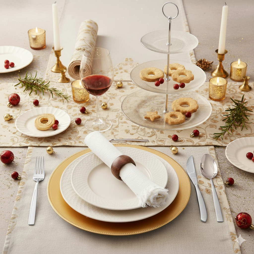 Slávnostne prestretý stôl s taniermi, látkovým obrúskom, dekoračným krúžkom a stojanom na pečivo